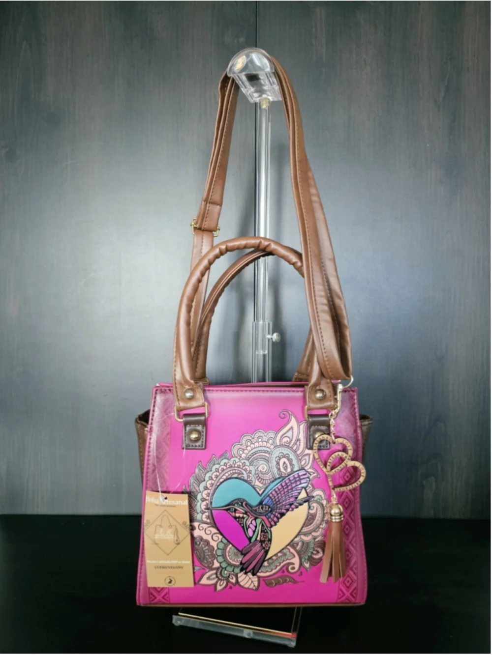 Mexican Hummingbird Embossed VEGAN Leather Handbag – Magenta Pink & Cognac Brown